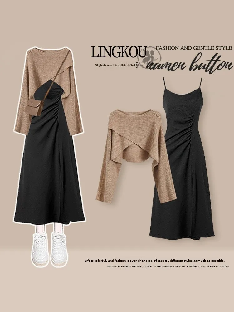 Herbst Advanced Strickset Damen Schlankheits-Plissee-Riemen Dr Zweiteiliger Anzug Leichter reifer Sle Casual A-Linie Rock