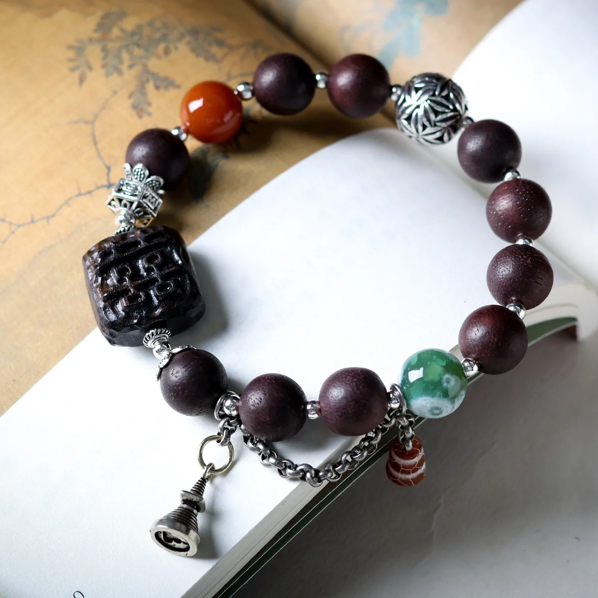 Natural Dalbergia Odorifera Ethnic Bracelet with Sandalwood Double Happiness Pendant & 925 Silver Accents - Jewelry Gift
