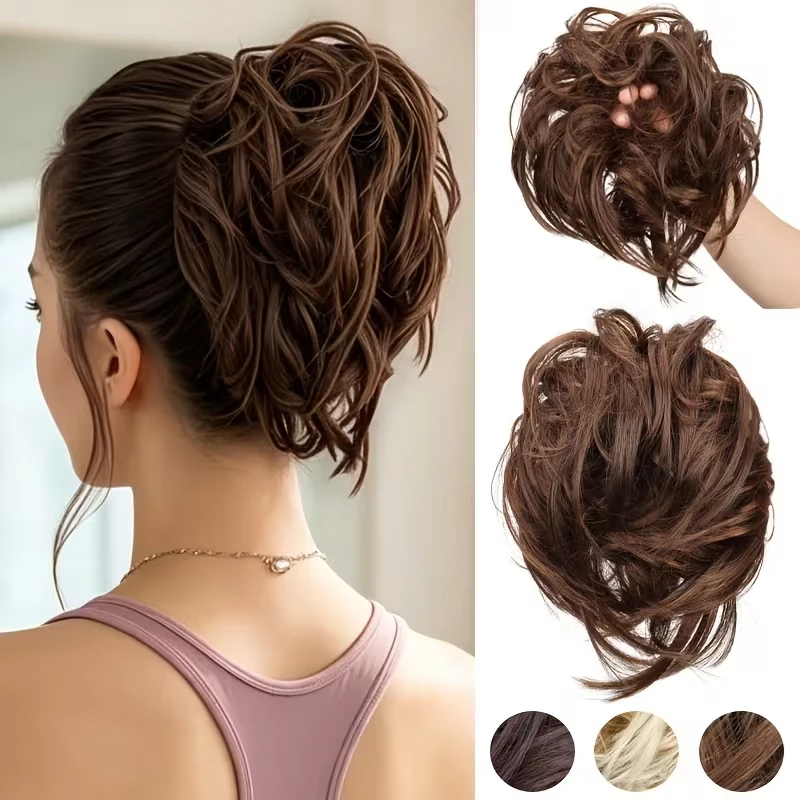 Synthetic Elegant Messy Hair Scrunchie Short Curly Bun Hair Piece Elastic Rubber Band Fluffy Lazy Updo Hair Accessory for Women