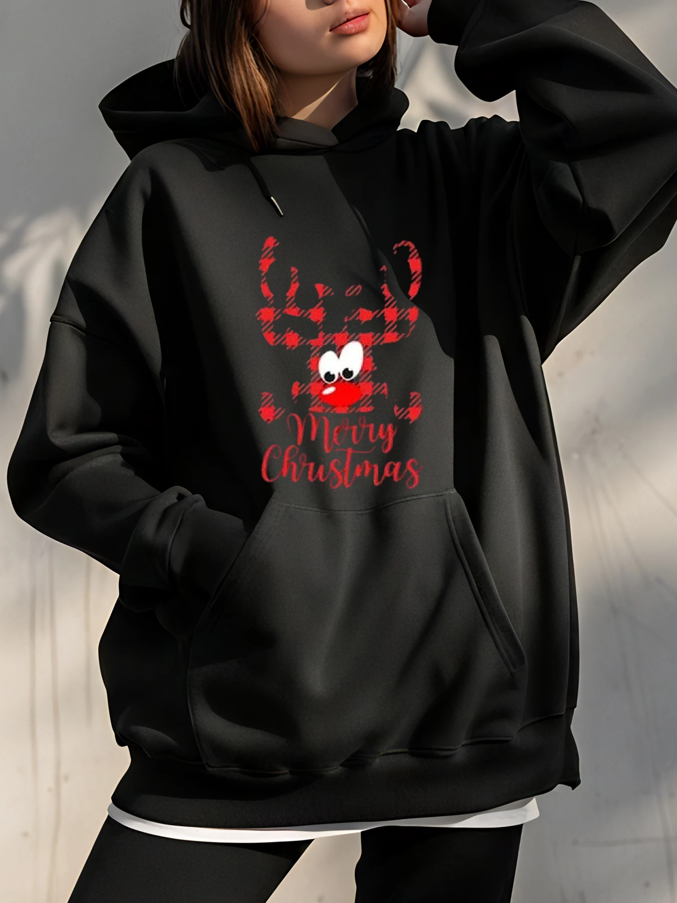 크리스마스 순록 체크무늬 후드티 여성 캐주얼 겨울 의류 축제 의상 휴일 선물