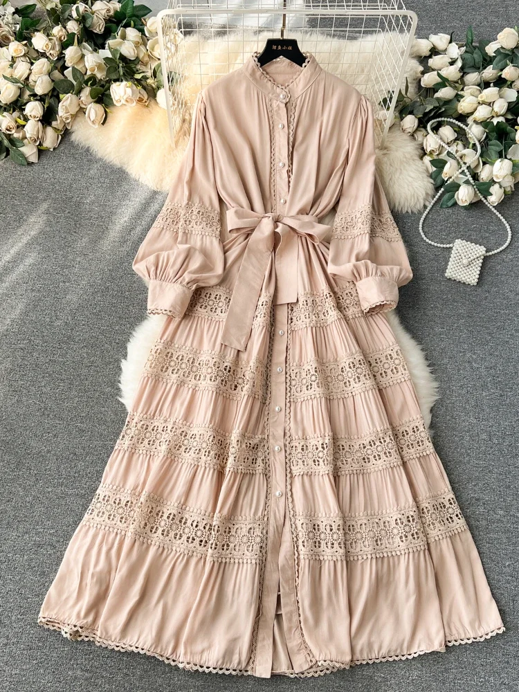 French Elegant Beach Dress Women Vintage Hollow Lace Patchwork Bubble Sleeve Long Dresses A-line Single Breasted Long Robe