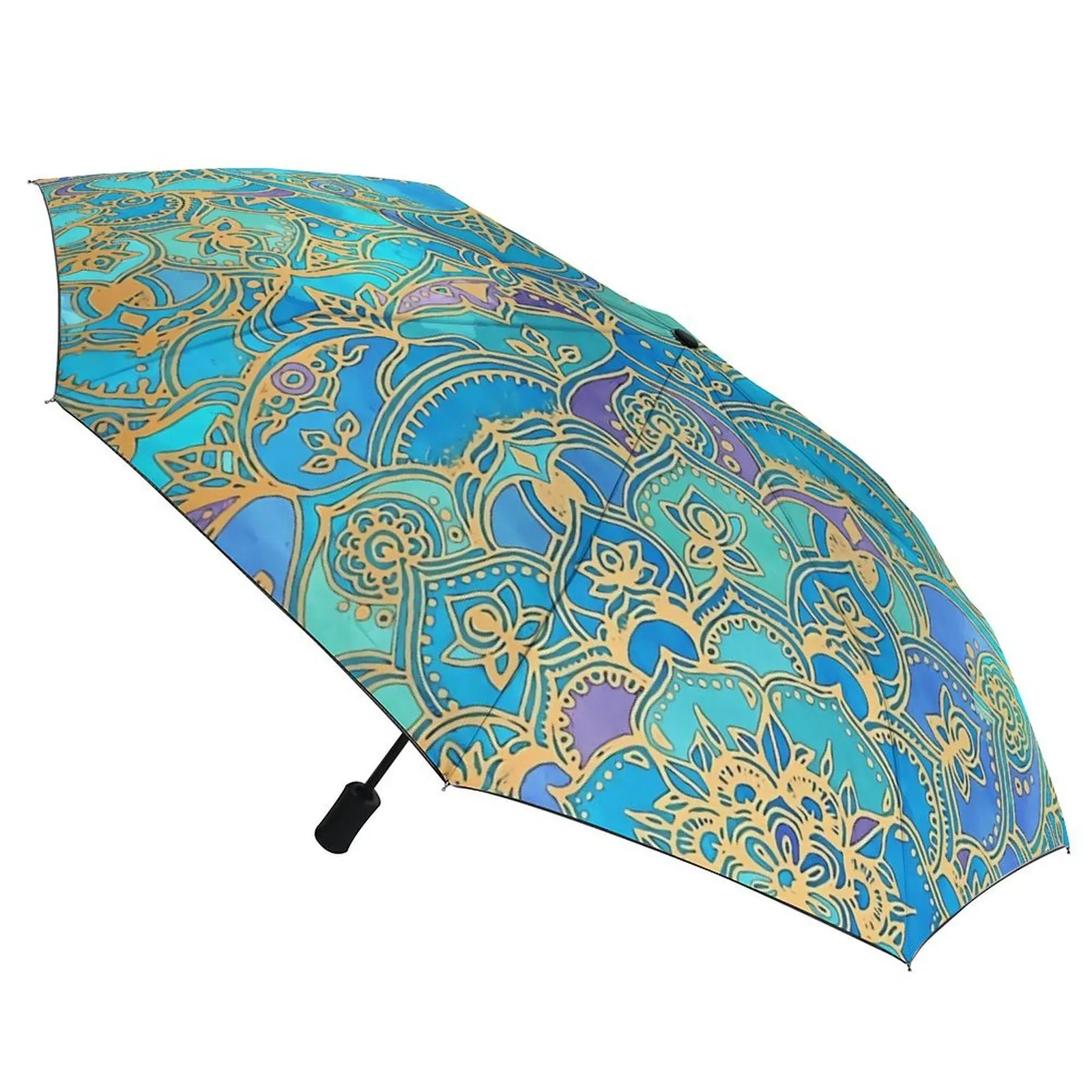 Boho Floral Print 3 Fold Auto Umbrella Blue Mandalas Carbon Fiber Frame Umbrella Sun and Rain Portable Umbrellas for Men Women