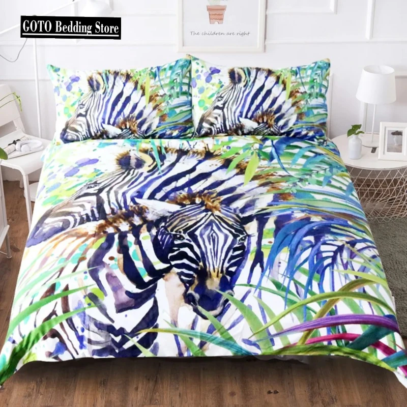 

100% high quality thickening bed cover set Super Soft Bedding Tropical rain forest zebra animal Duvet Cover Set 100% polyester