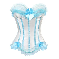 Padded Cups Lace Overlay Corsets Bustiers Top Sexy Satin Overbust Corset Women Vintage Style Striped Boned Corsetto Shapewear