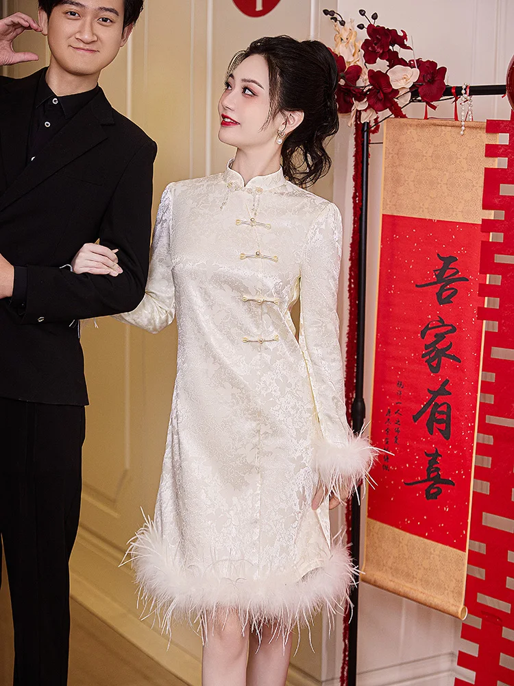 

Champagne Color Engagement Dr ort Autumn Winter Wedding Dr Luxury Lightweight Vintage Sle Beaded Pearl