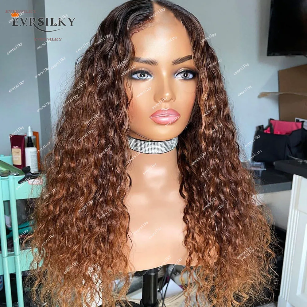 Highlights Caramel Brown Bouncy Afro Curly Human Hair V Part Wigs Easy Wear Ombre Chestnut Blonde Deep Water Wave U Shape Wigs