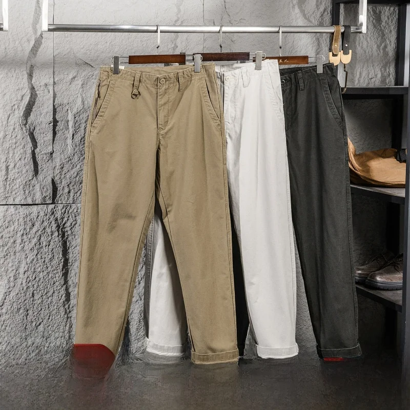 

Мужские ретро-брюки в американском стиле из стираного хлопка, прямого кроя, повседневные, из чистого хлопка, осенне-зимние, новые, модные, с диагональным узором