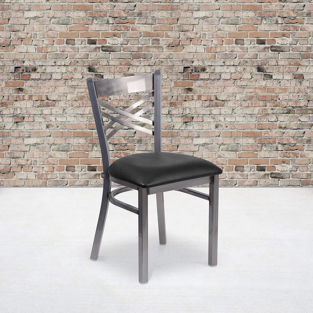 

Antique Silver Finish Metal Restaurant Chairs with Clear Coat and Black Vinyl Seats