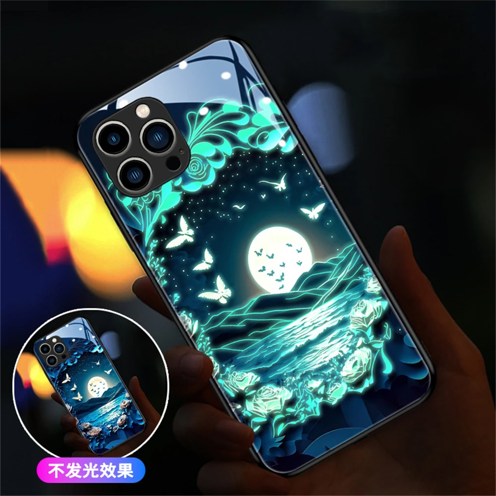 Pretty Butterfly Moon Sea Design Led Light Phone Case Call Flash Glitter Cover For Samsung S26 S25 S24 S23 S22 S21 Plus Ultra