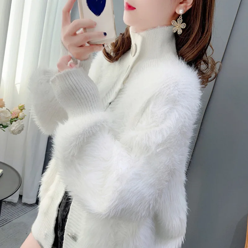 #4310 White Pink Khaki Mink Cashmere Cardigan Coat Women Stand Collar Warm Knitted Mohair Cardigan Female Slim Single Breasted