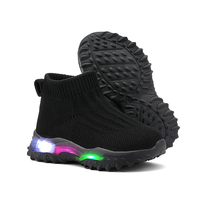 Toddler LED Light Sneakers Purple Girls Platform Slip on Shoes Children Spring Knit Sock Sneaker Glowing Shoes for Little Girls