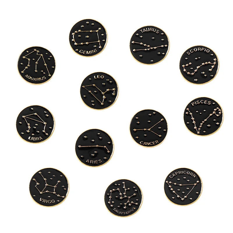 12 Constellations Enamel Pins  Aries Scorpio Gemini Libra Pisces Leo Taurus Cancer Brooch Lapel Badge Wholesale Jewelry Gift 