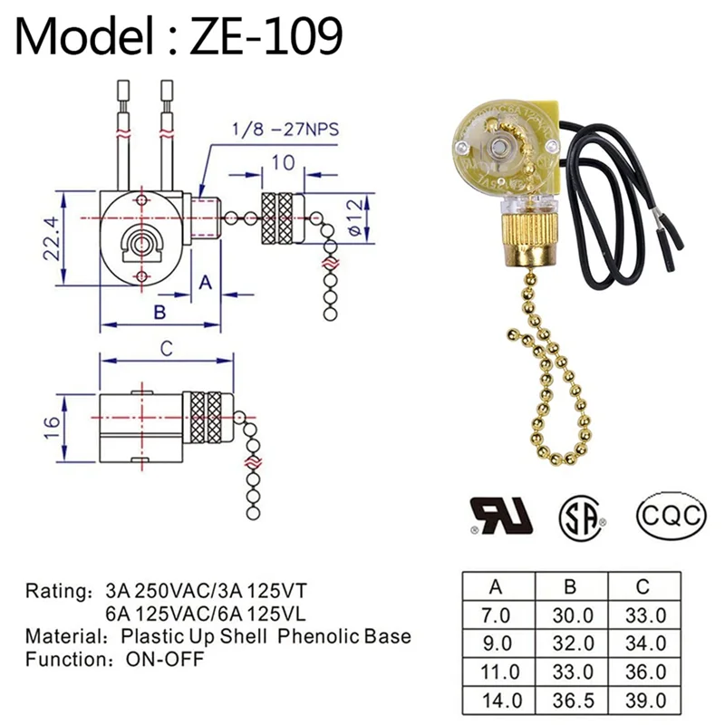 Ceiling Fan Light Switch Zing Ear ZE-109 Two-Wire Light Switch with Pull Cords for Ceiling Light Fans Lamps 2Pcs Gold