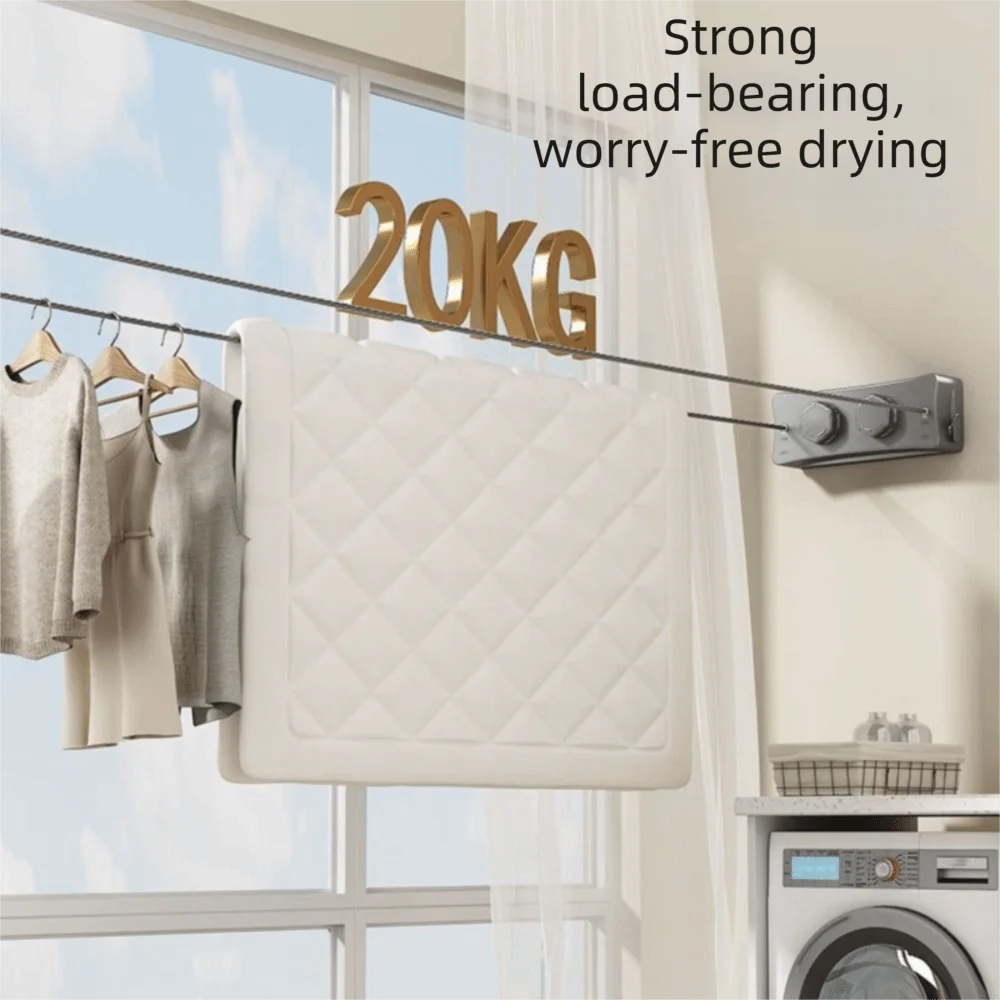 

Stainless Steel Retractable Clothesline Adjustable Length Heavy Duty Indoor Clothesline 5.1 Meters Length Double Layer