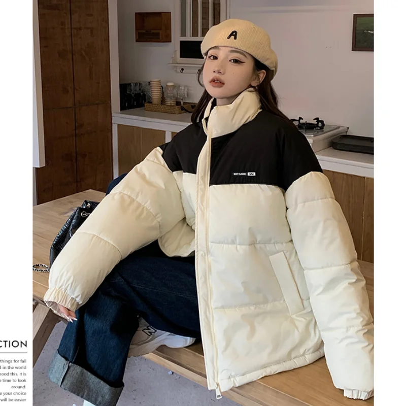 Women White Down Clothes Warm Contrasting Colors Winter New Korean Fashion Leisure Windproof Puffer Padded Outwear Black Tops