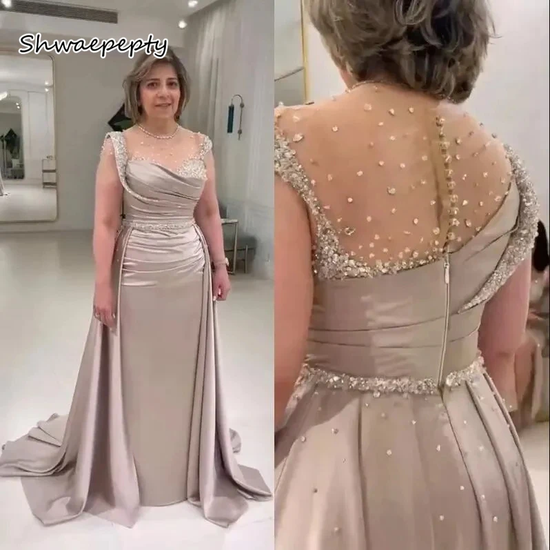 Elegant Champagne Long Mother Formal Dress Beaded Sheer Illusion Neck Straight Satin Wedding Party Dress With Detachable Train