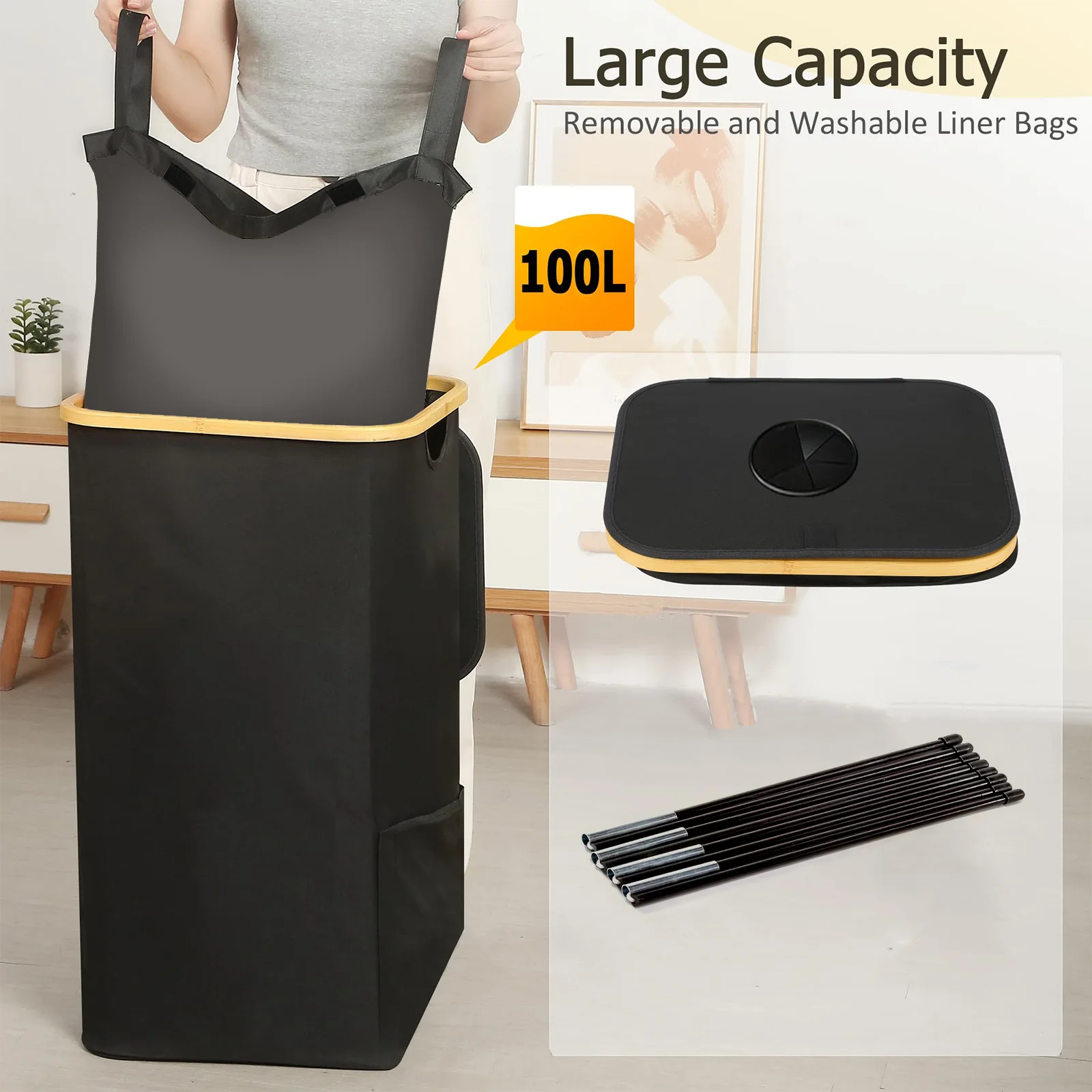 سلة غسيل قابلة للطي بسعة كبيرة 26.42 جالون مع مقابض من الخيزران، بطانة قابلة للإزالة، سلة غسيل من النايلون بجيب جانبي مع غطاء