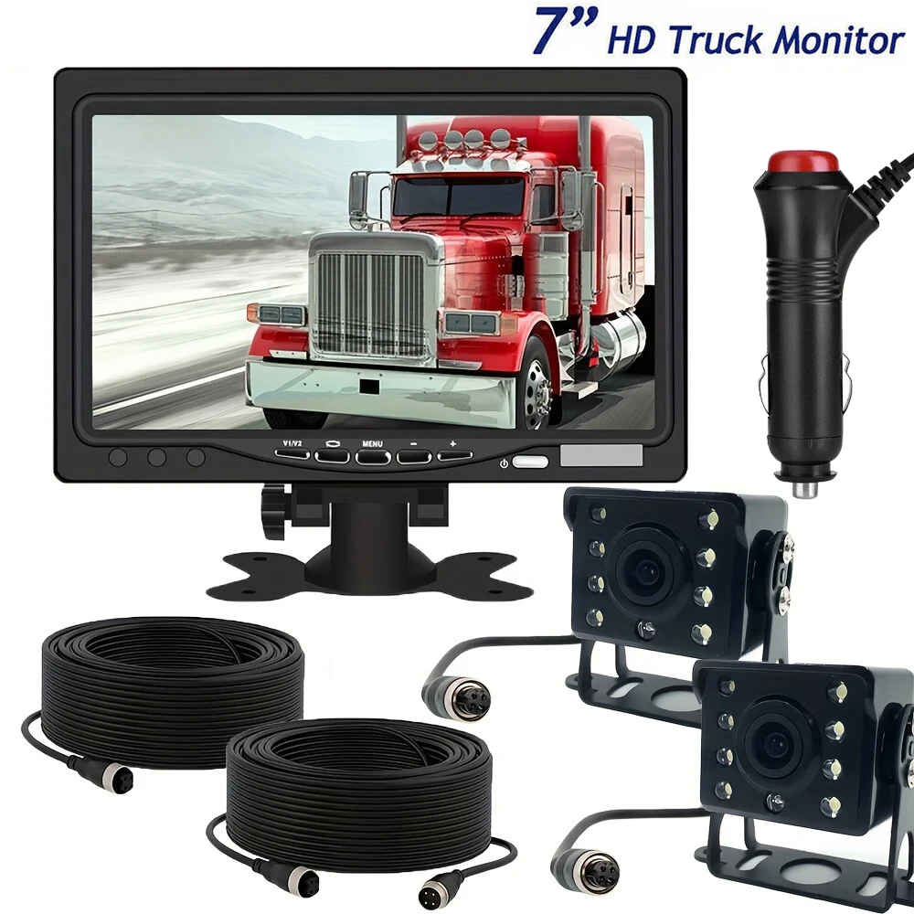 7inch Monitor 2x Backup Camera 12-24V 8LED IR Rear Truck Camera HD Display Full Set Parking Reverse System For Pickup Van RV