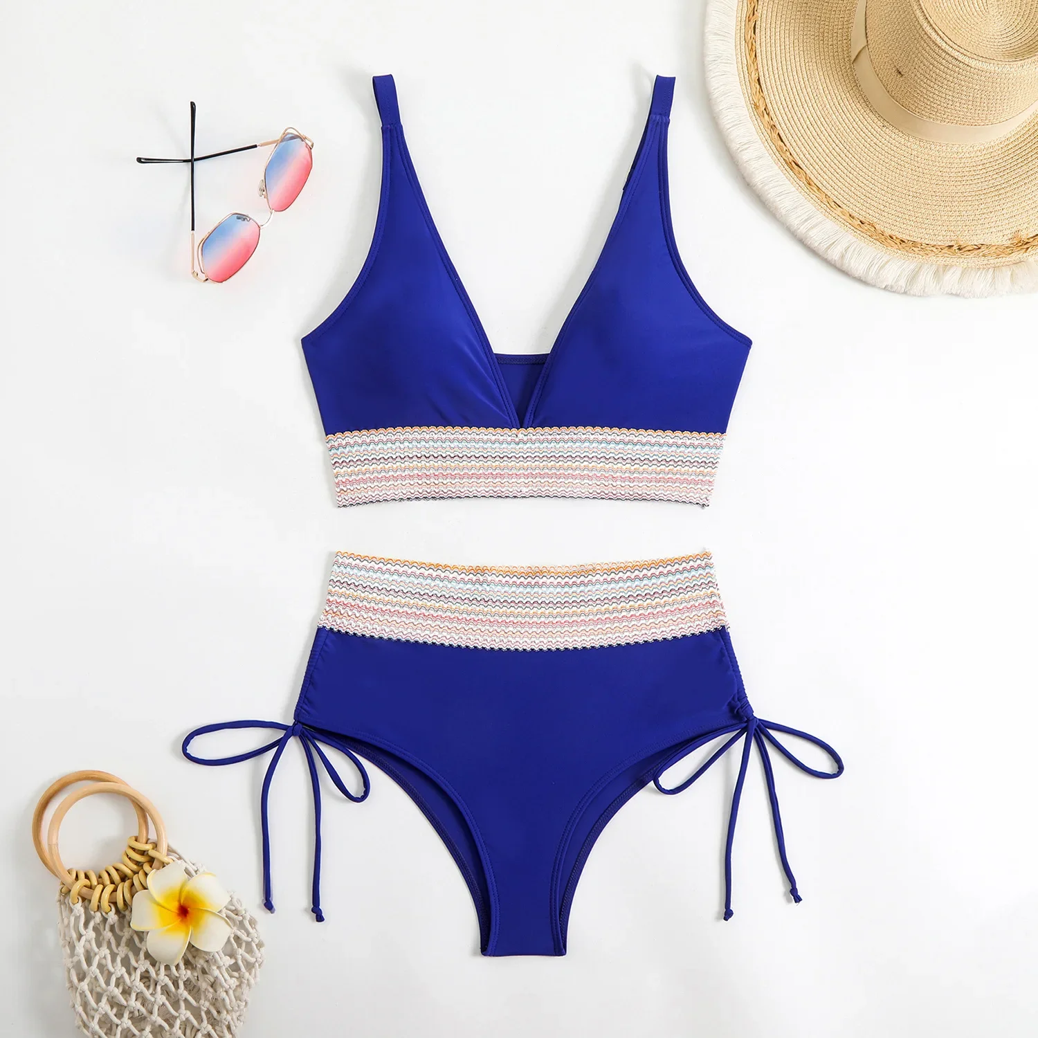 V-neck High Waist Bikini 2025 Sexy Solid Swimsuit Women Drawstring Swimwear Female Bathers Bathing Swimming Swim Suit Beachwear