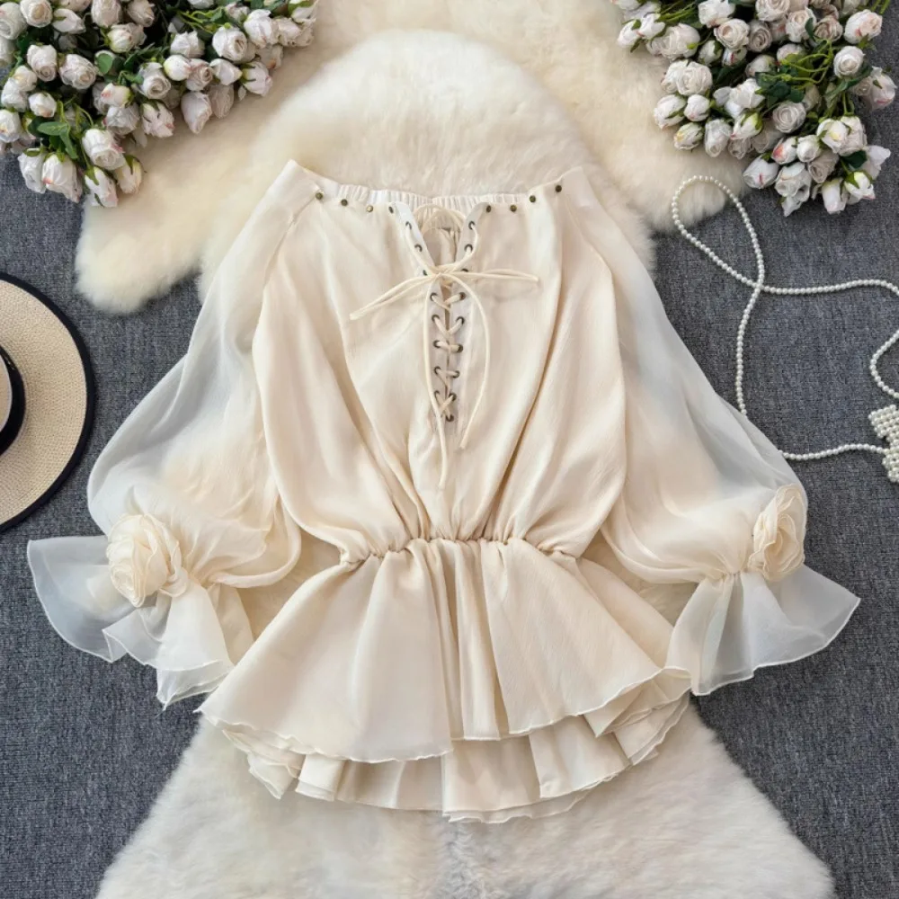 

Новая женская рубашка Ordina France в винтажном стиле с плиссированными рукавами-фонариками, однотонная, с декоративными заклепками, на одно плечо