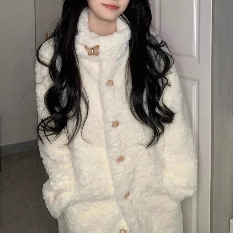 Winter Faux Shearling Coat Women Sweet Stand Collar Thick Warm Mid Length Coat Cute Butterfly Button Soft Off White Outwear Tops