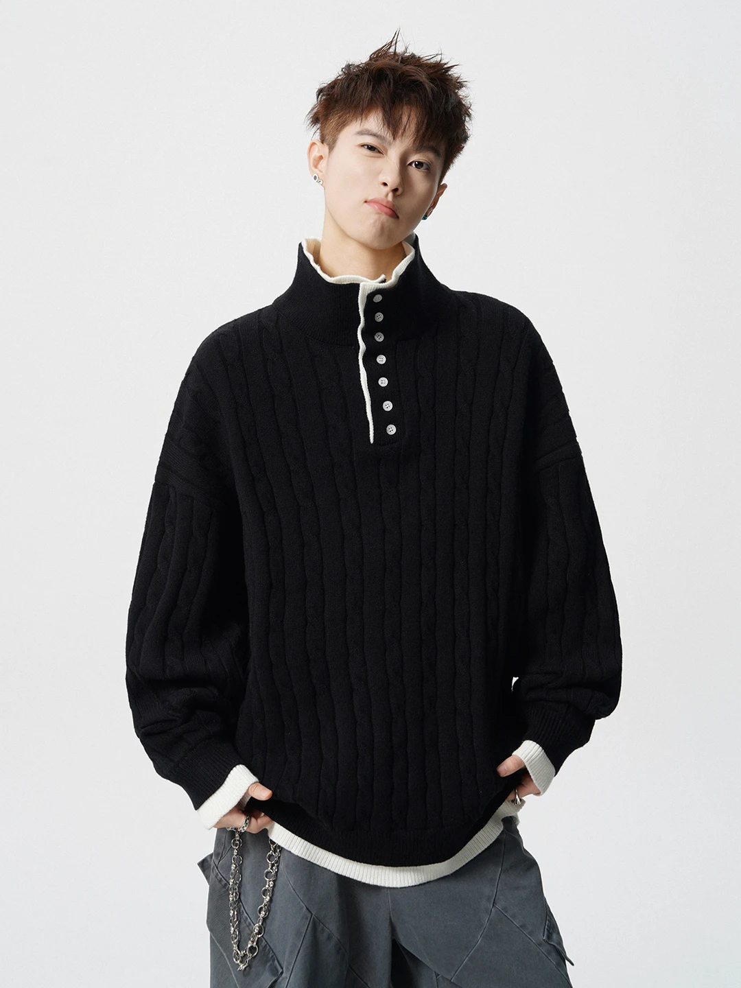 

Trendy American Retro Loose Lazy Knitted Sweater Men's Autumn Winter f High Collar Twist Casual Sle Soft Polyester Fiber