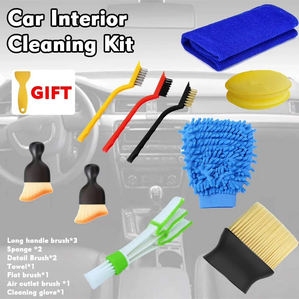 11 Piece Car Air Conditioning Outlet Gap Detail Brush Set Auto Interior Cleaning Tool Kit for Vehicle Detailing
