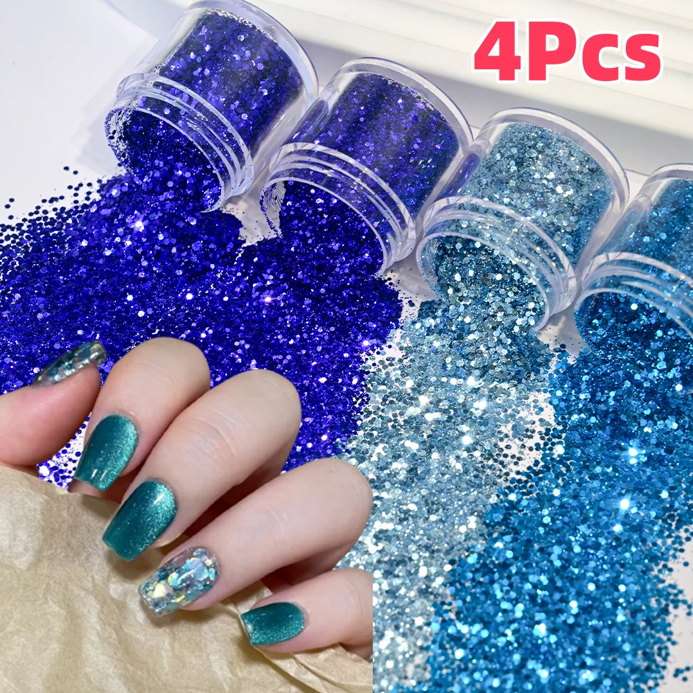 4Pcs Blue Mixed Hexagon Nail Art Glitter Sequins Holographic Sparkly Chrome Flake Slices DIY Manicure Chunky Pailette Decoration