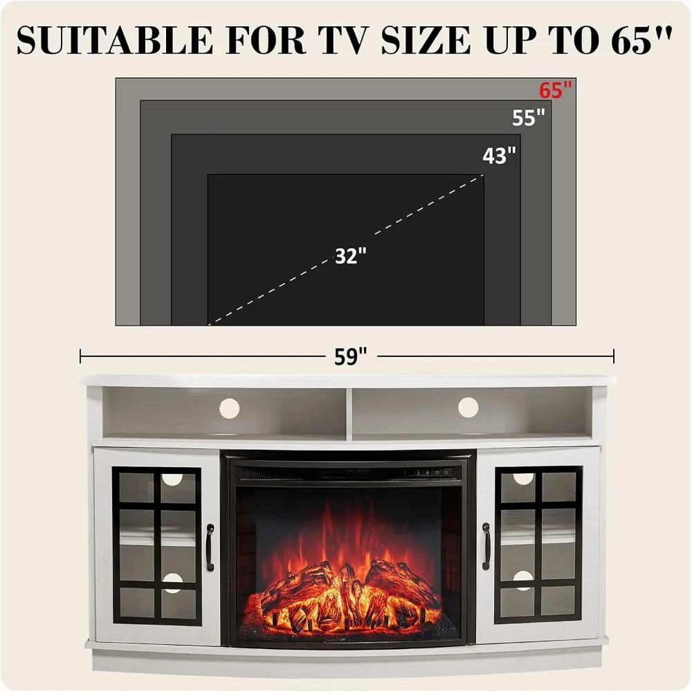 Fireplace TV Stand for TVs Up To 65", Media Fireplace TV Console Table with Storage Farmhouse Glass Door, TVs Stand image 5