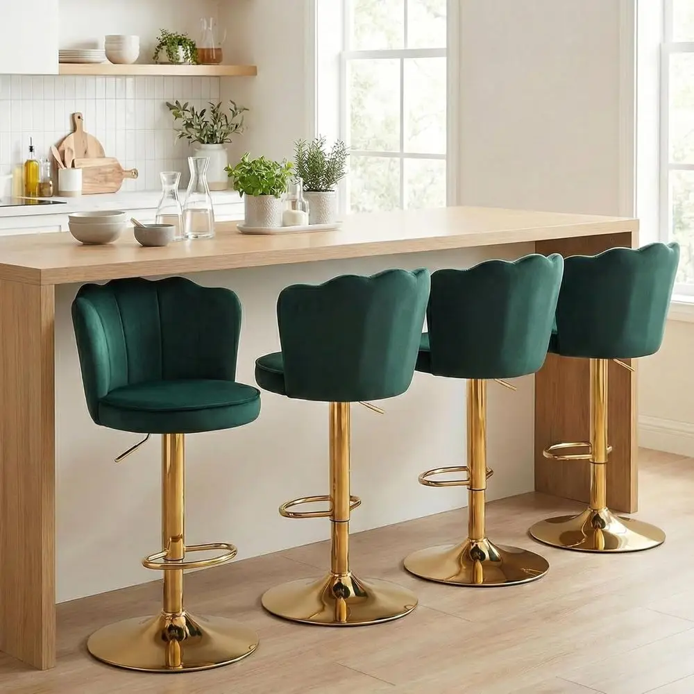 

Набор из 4 регулируемых барных стульев с велюровой обивкой и спинкой, золотистое основание, подходят для кухонного острова или бара, зеленый цвет