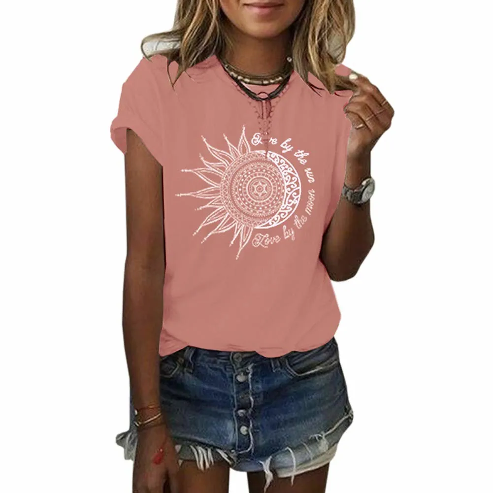 T-Shirts Woman 2024 Summer Vintage Casual Short Sleeve Tees Fashions Moon And Sun Printed Graphic Solid Color Women\'s T-Shirt