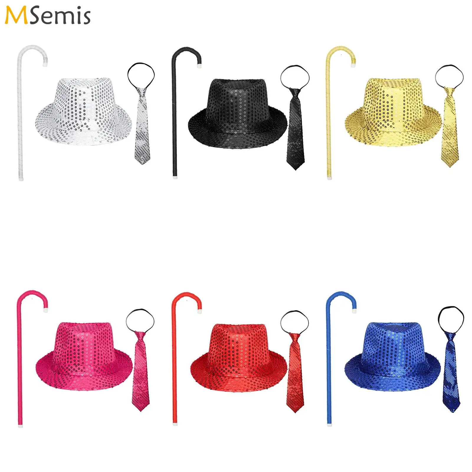 Adulto unissex lantejoulas jazz chapéu cowboy bonés retro trajes de discoteca acessórios chapéu fedora com gravata cana halloween mágico chapéus