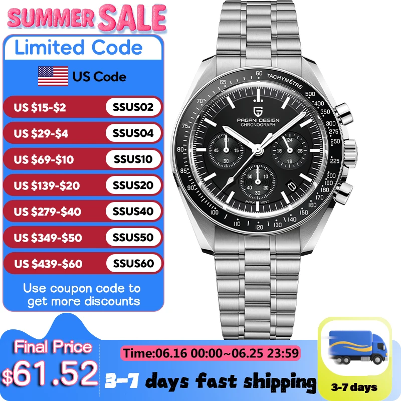 PAGANI DESIGN 2024 New Men's Watches Top Luxury Quartz Watch For Men Auto Date Speed Chronograph AR Sapphire Mirror Wrist watch