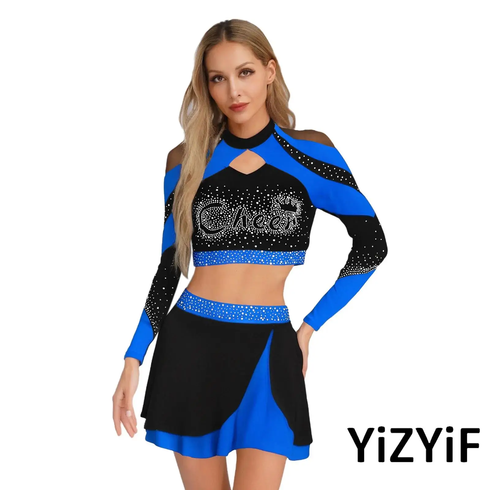 

Sexy Womens Shiny Rhinestone Cheerleading Uniform Roleplay Outfits Long Sleeve Hollow Out Top+Skirt for Cosplay Masquerade Party