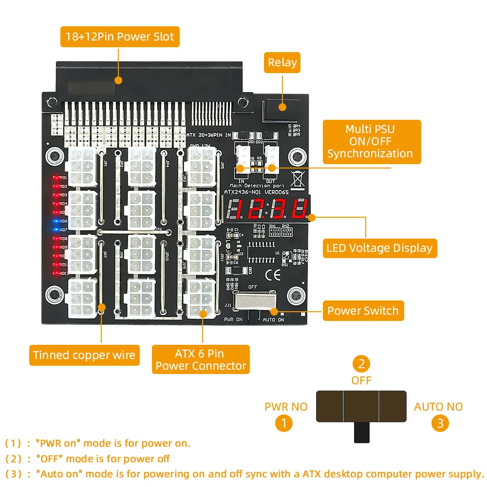 플래시 LED 브레이크 아웃 보드 전원 공급 장치 컨버터, Dell PSU 서버용, BTC 마이닝용, ATX 12 포트, 6 핀, 750W, 1100W, 2000W 전원