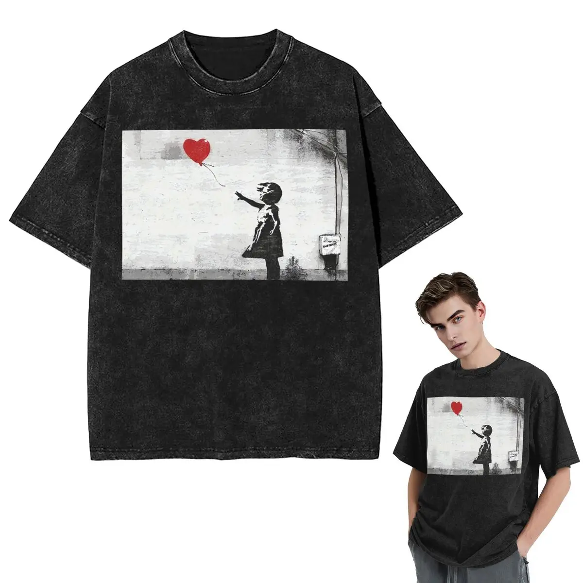 Streetwear T-Shirts Banksy Street Pop Art Square Washed T Shirt Short Sleeve Hip Hop T-Shirt Tops Tees for Men Women