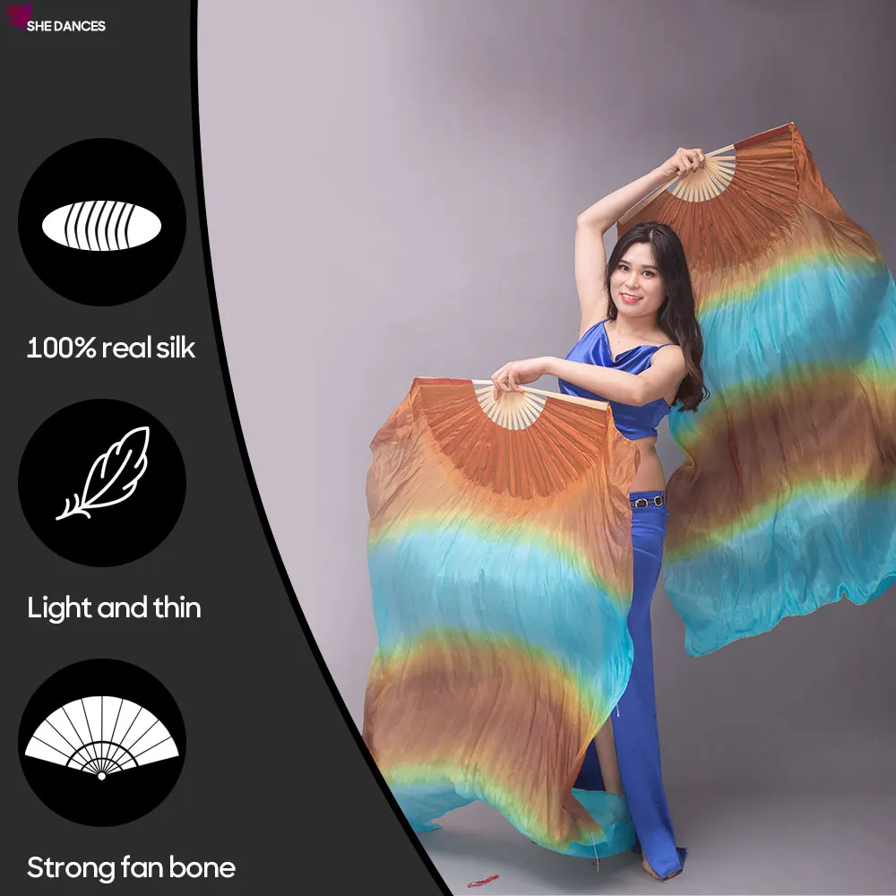 Silk Fan For Women Professional Real Silk Veils Fan Hand Made Tie Dyed Scarf For Stage Performance And Practice