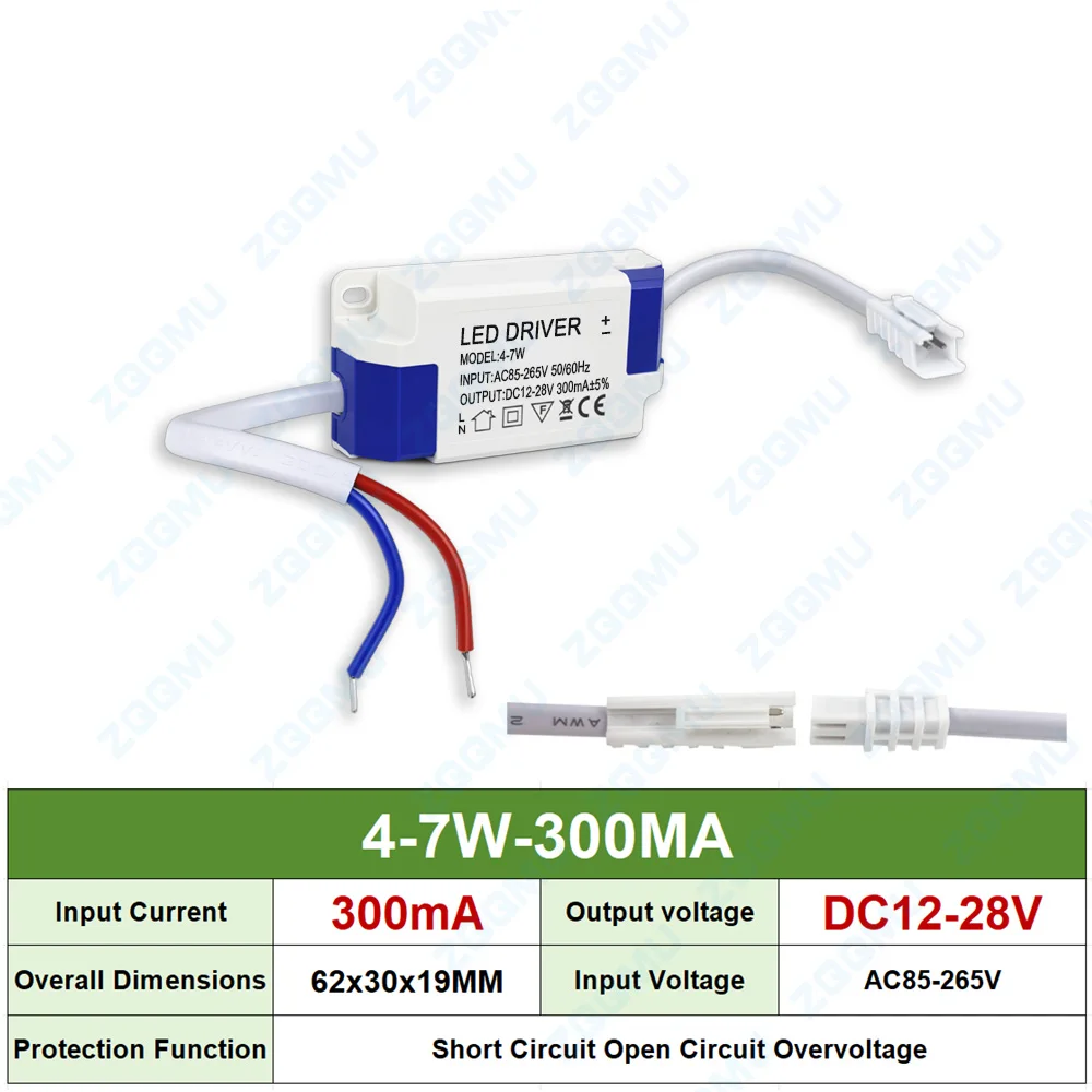 AC85-265V Constant Current Driver 4-7W 8-18W 8-24W 24-36W 36-50W LED Driver 300mA 12-28V 24-72V 24-92V Transformer Power Supply