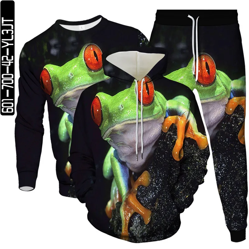 Animal Frog Fish Print Men's Sweatshirt Hoodies Pant 3Pcs Set Unisex Outdoor Casual Tracksuit Male Oversized Clothing Suit S-6XL