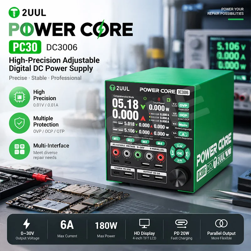2UUL PC30 DC3006 Power Core High Precision Adjustable Digital DC Power 180W Stabilized Power Source For Phone Repair Testing Too