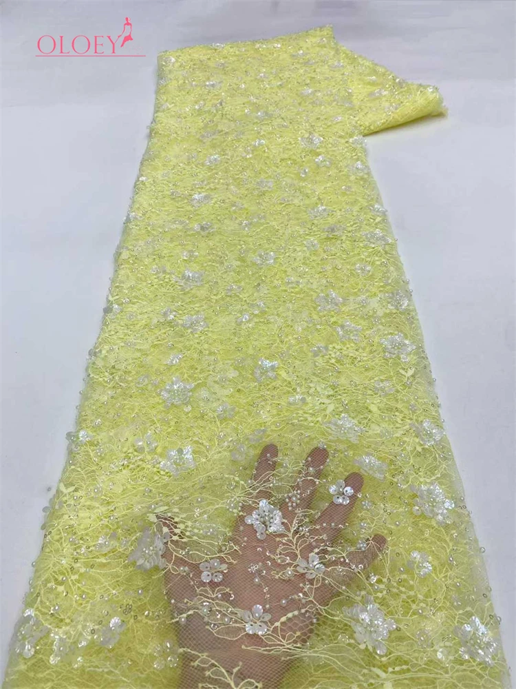 

OLOEY African Sequins Pearls Lace Fabric 2026 High Quality French Heavy Beaded Tulle Lace Fabric Nigeria For Bridal Dress