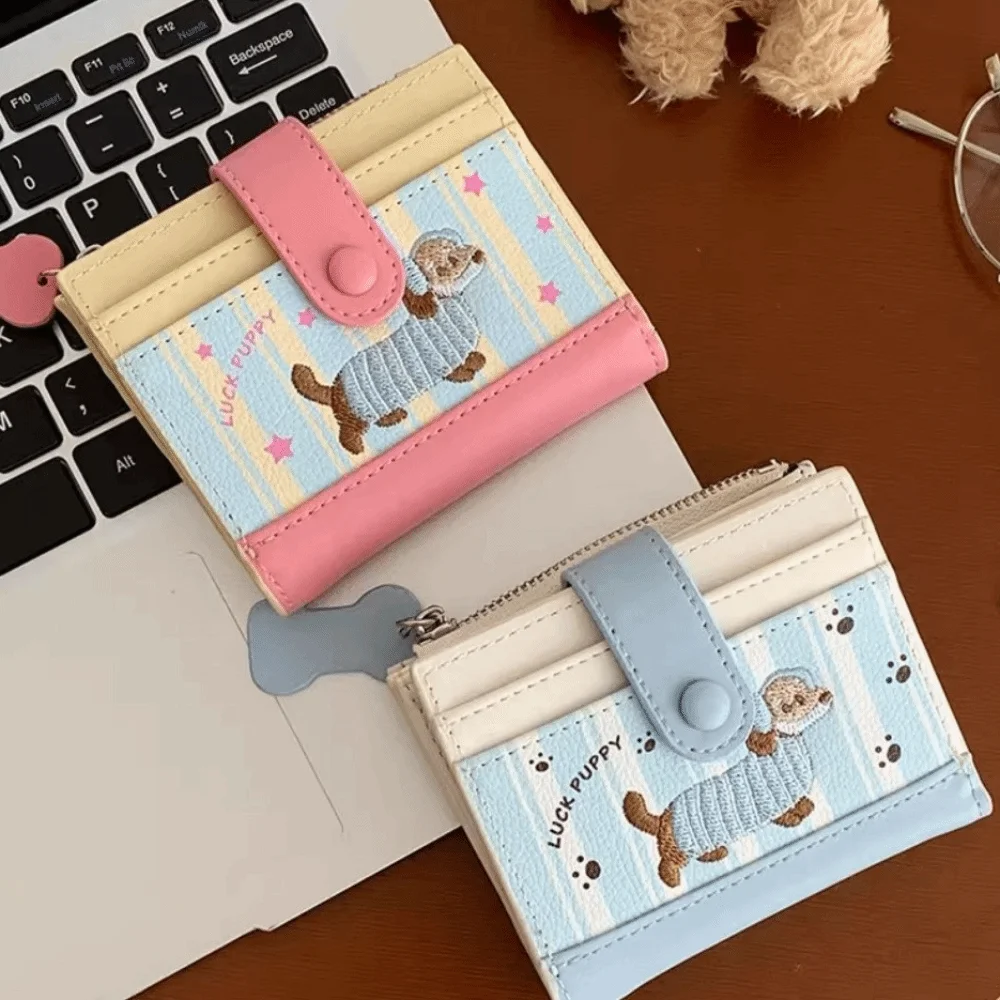 Korean Style Dachshund Printing Short Wallet Zipper Cartoon Dog Coin Purse PU Dopamine Color Small Item Bag Women Girl