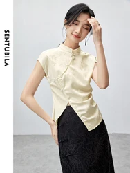 SENTUBILA Chinese Style Summer Jacquard Shirt Women 2024 Elegant Irregular Slit Short Sleeve Top Woman Shirt & Blouse 142C55122