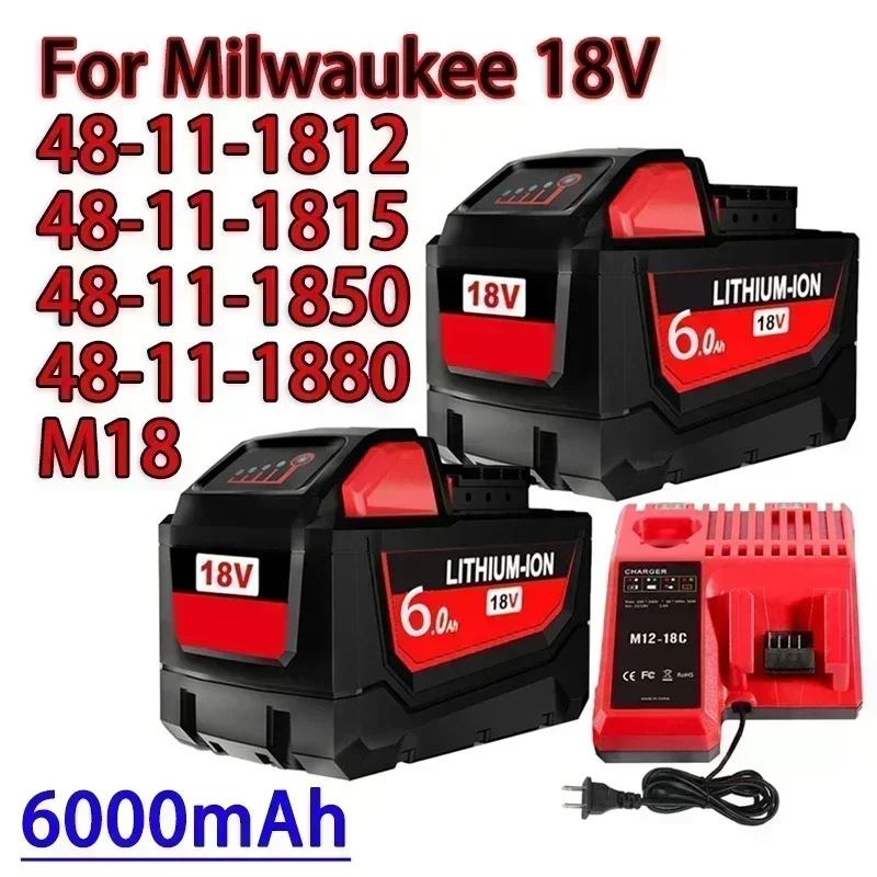 

SU 18V For Milwaukee M18 Battery M18B6 XC 6.0Ah Li-Ion 48-11-1860 48-11-1852 48-11-1850 48-11-1840 Cordless Power Tool 18V Charg