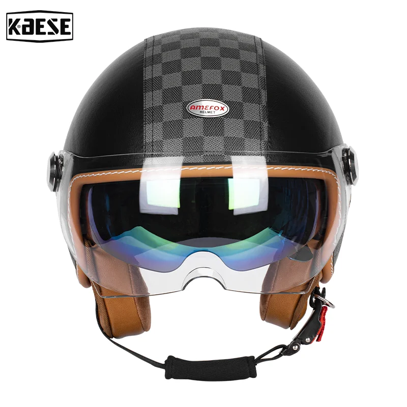 

Черный клетчатый мотоциклетный шлем 3/4 в стиле ретро с сильной ударопрочностью и двойной сертификацией безопасности Прочный дизайн унисекс