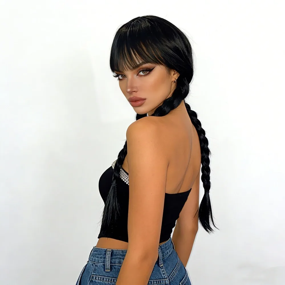Anime cosplay wig Wednesday Adams cosplay headgear black Double braid Fried Dough Twists braid stage performance props