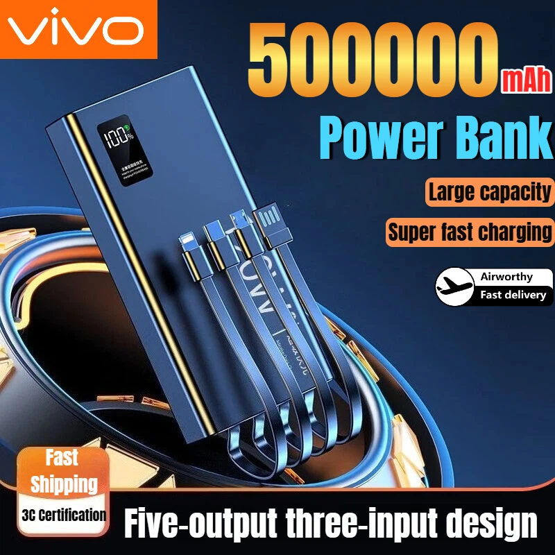 

Внешний аккумулятор VIVO 120W 500000 мАч со встроенными 4 кабелями, большой емкости, быстрая зарядка, портативный, для iPhone, Samsung, Новинка