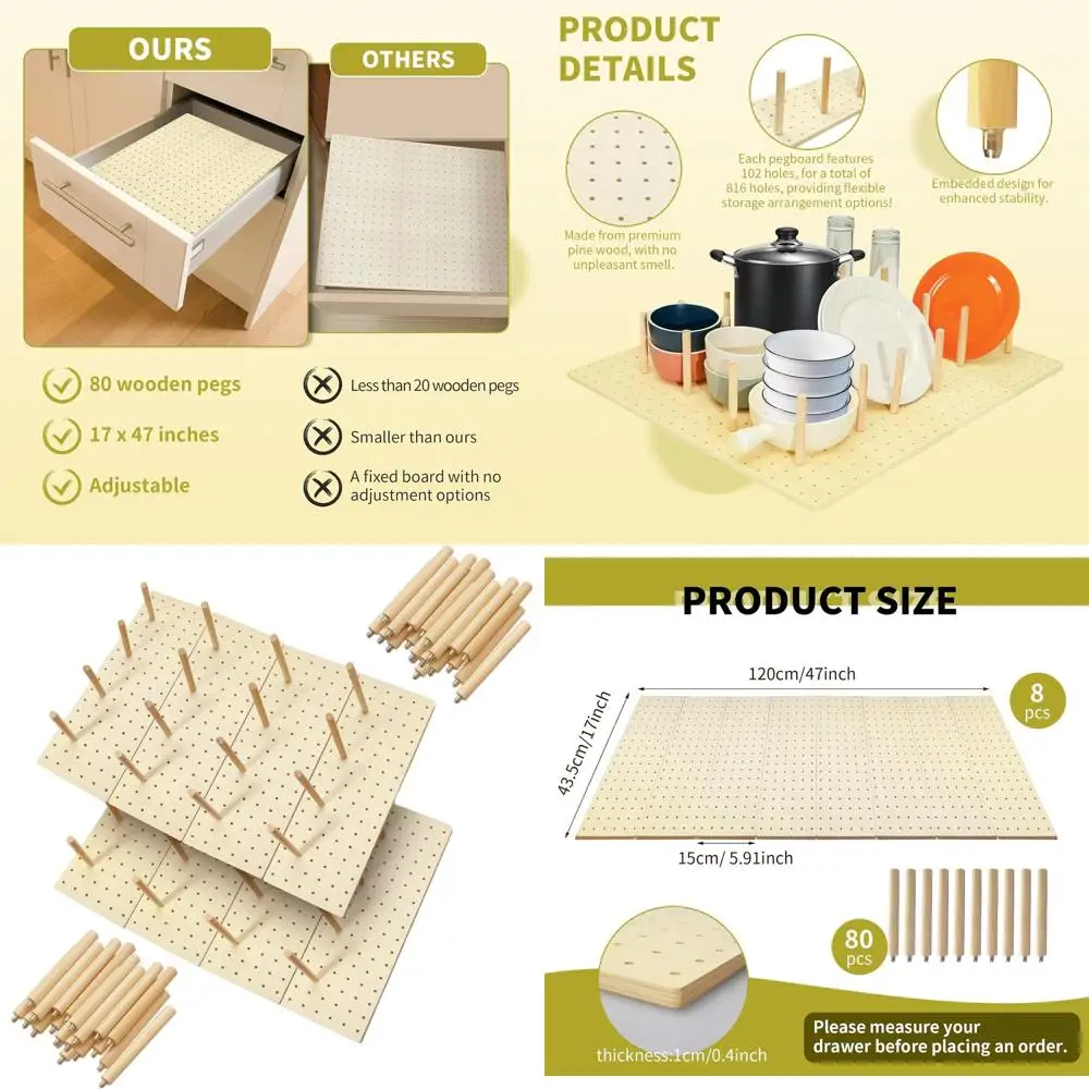 

Adjustable Wooden Pegboard Drawer Organizer, 8 Compartments with 80 Pegs, 17x5.91 for Kitchenware Storage