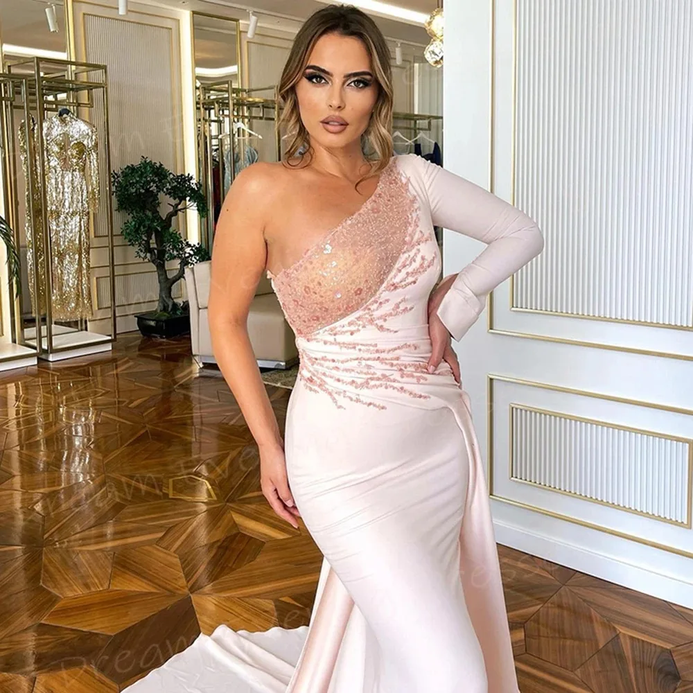 

Elegant Mermaid Prom Dresses One Shoulder Sequined Appliques Formal Evening Party Gown Cocktail Dress فساتين سعيد شارون