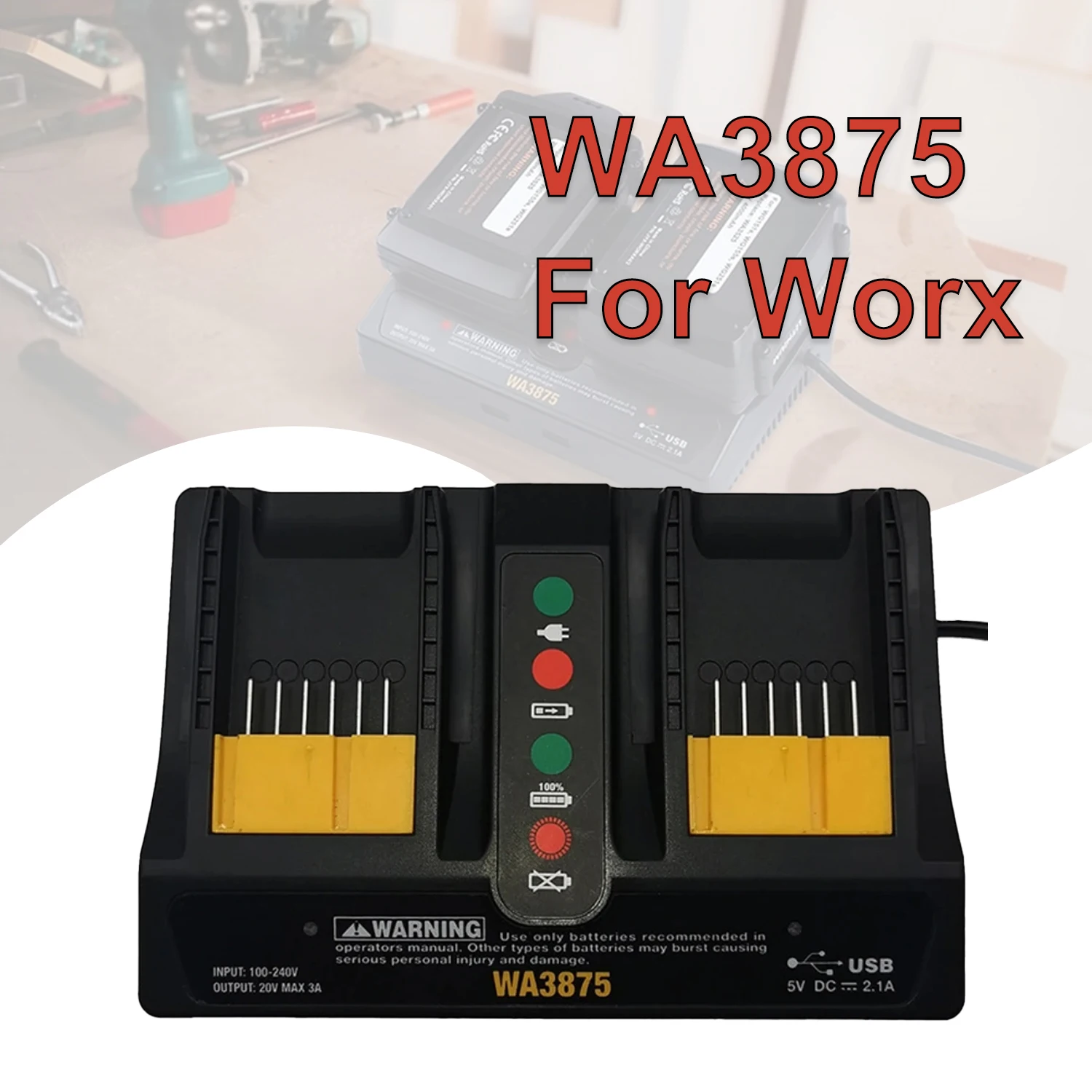 

Новое зарядное устройство для литиевой батареи WA3875 20 MAX, двойная зарядка, двойной выход USB, подходит для Worx 20 В WA3778 WA3520 WA3525 WA3575
